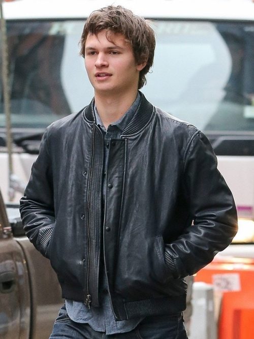 Ansel Elgort Black Bomber Leather Jacket