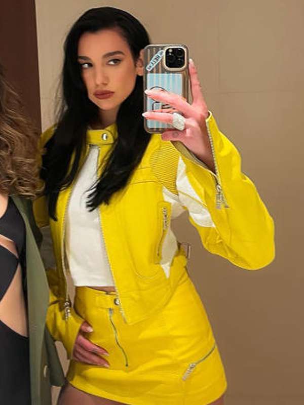 Dua Lipa Spongebob Yellow Leather Jacket - Image 4