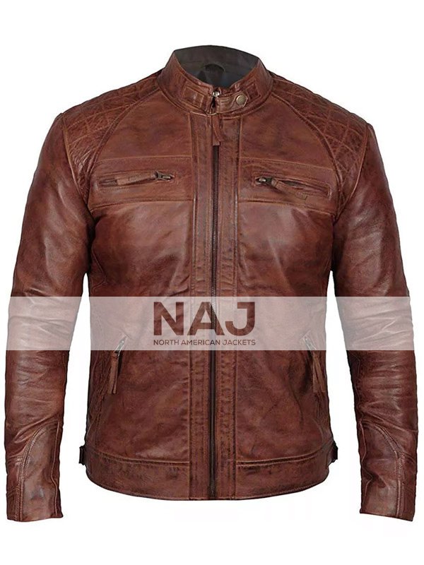 Mens Stylish Brown Leather Cafe Racer Jacket