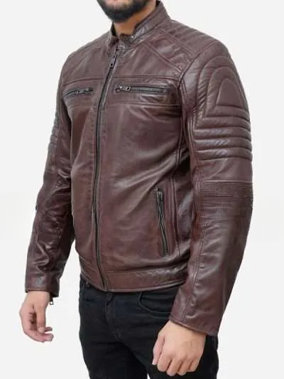 Men Brown Padded Leather Motorcycle Jacket