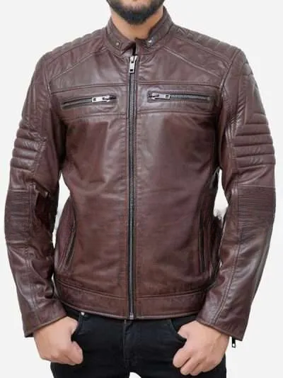 Men Brown Padded Leather Motorcycle Jacket
