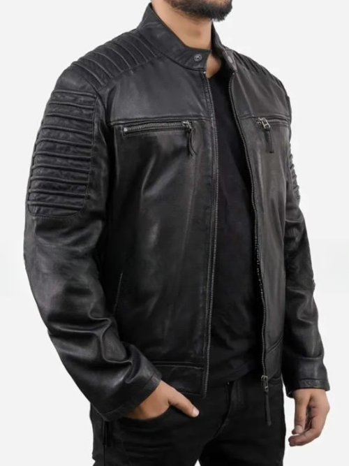 Men Cafe Racer Quilted Black Motorcycle Leather Jacket