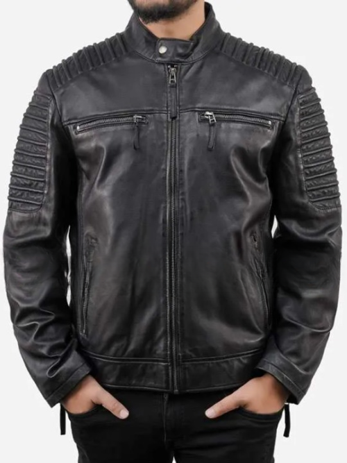 Men Cafe Racer Quilted Black Motorcycle Leather Jacket