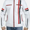 Men White Cafe Racer Jacket with Red and Black Stripes