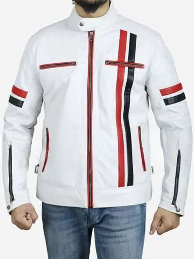 Men White Cafe Racer Jacket with Red and Black Stripes