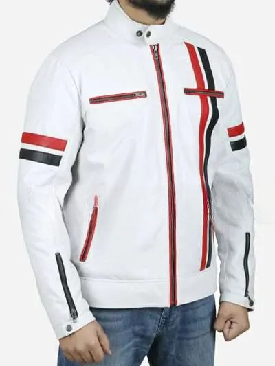 Men White Cafe Racer Jacket with Red and Black Stripes