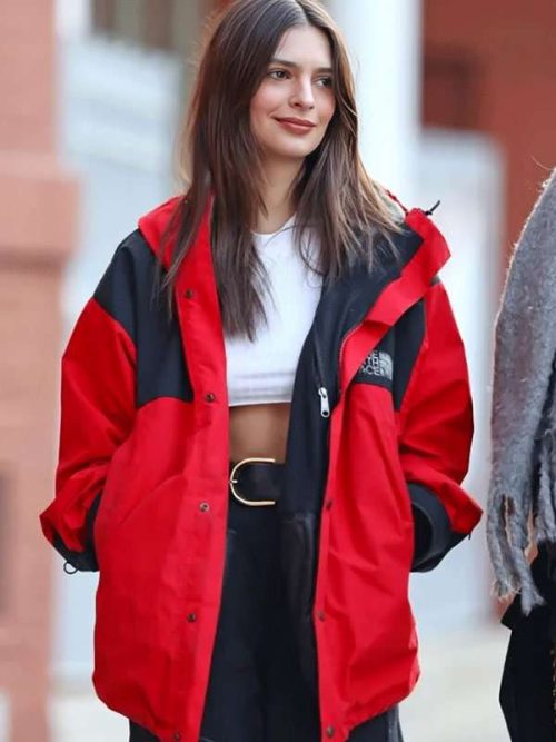 NYC-Emily-Ratajkowski-Red-Hooded-Jacket