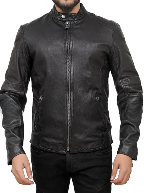 Snap tab Collar Style Biker Leather Jacket For Mens