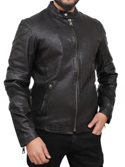 Snap tab Collar Style Biker Leather Jacket For Mens