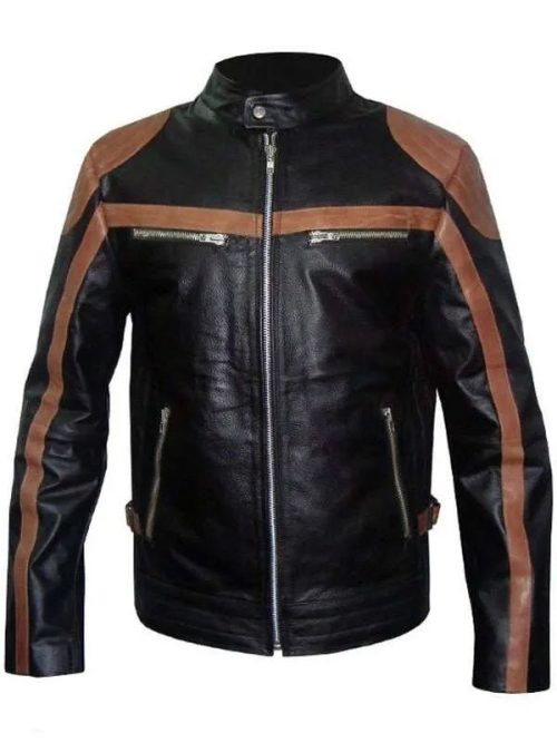 Brown Stripe Leather Cafe Racer Jacket