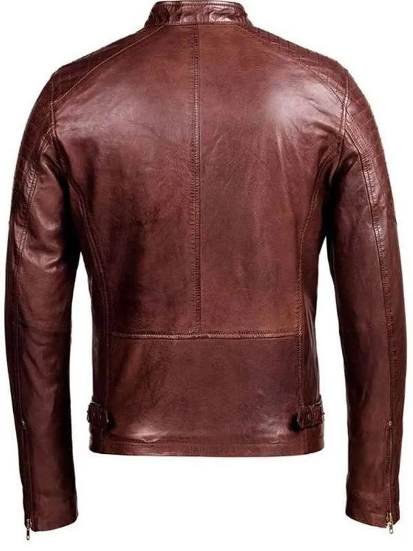 Men's Brown Leather Cafe Racer Jacket - Image 2