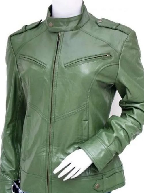 Women's Green Leather Cafe Racer Jacket