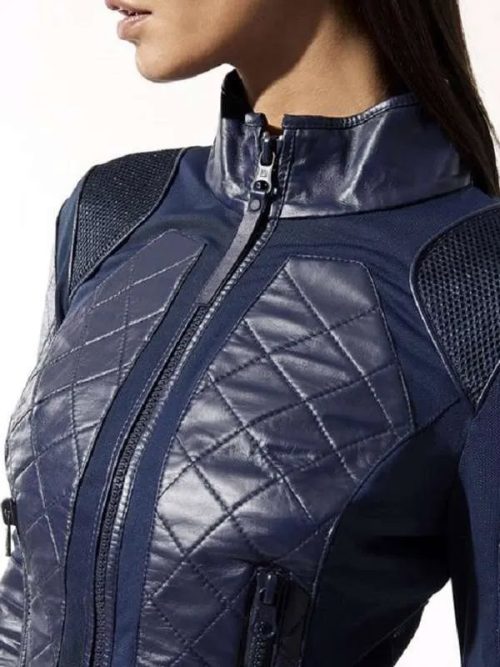 Quilted Leather Racer Jacket - Navy Blue